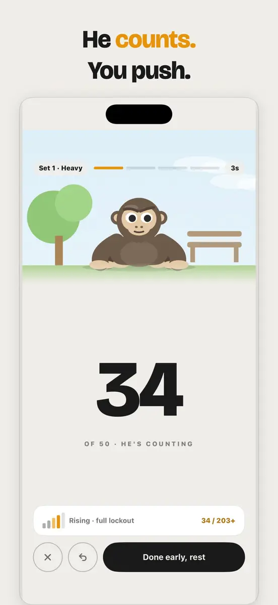 Counting screen showing 34 of 50 push-ups with Kito in a park