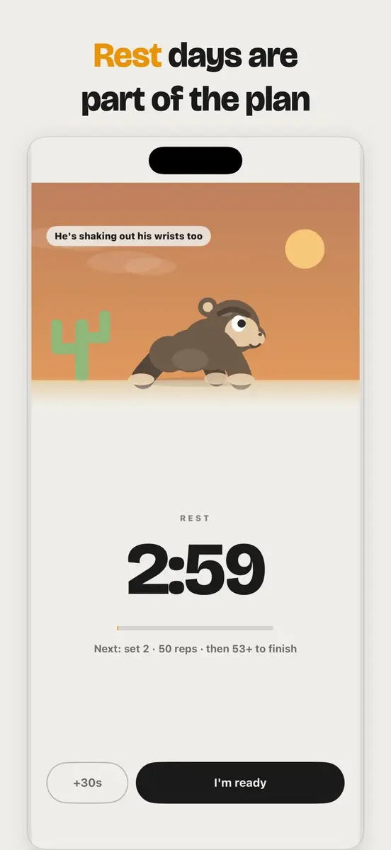 Rest countdown screen with Kito at sunset in a desert