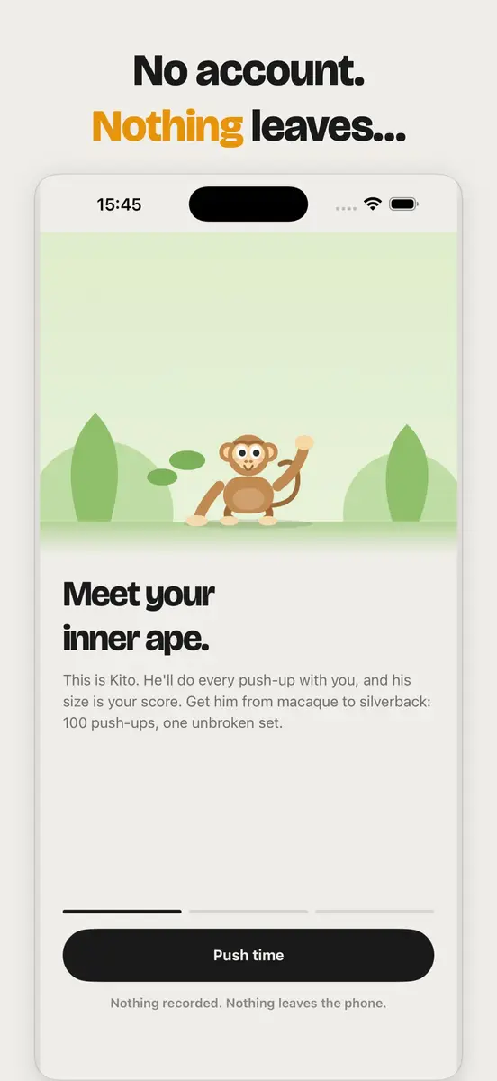 Welcome screen saying meet your inner ape, with no account and nothing leaving the phone
