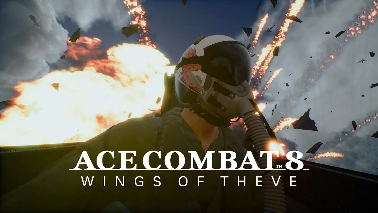 Pilote dans le cockpit d'un avion de chasse entouré d'explosions dans Ace Combat 8