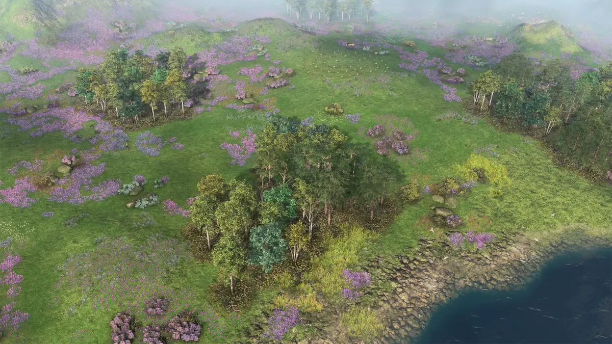 The Scottish Heathland biome with purple heather and the sea in the distance