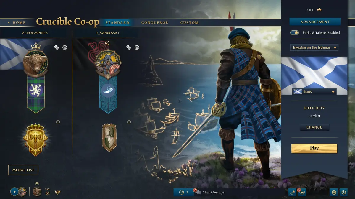The Crucible co-op lobby screen for the Scots with two players listed