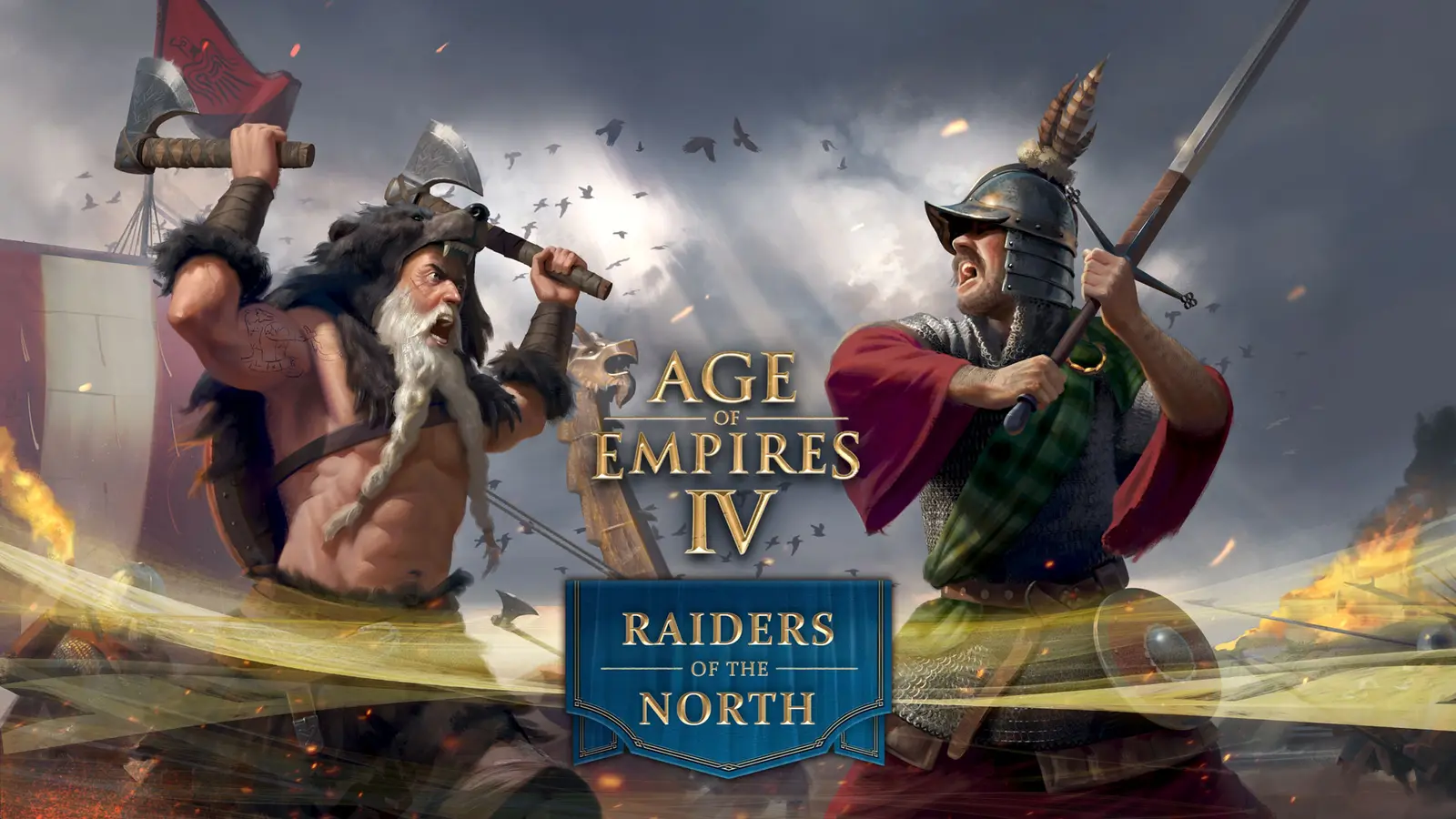 Key art for Age of Empires IV Raiders of the North showing a Viking warrior and a Scottish soldier