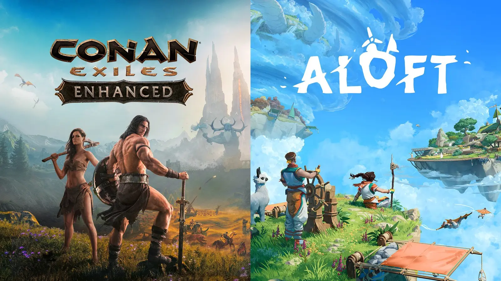 Key art for Conan Exiles Enhanced and Aloft side by side, with two warriors and a floating island
