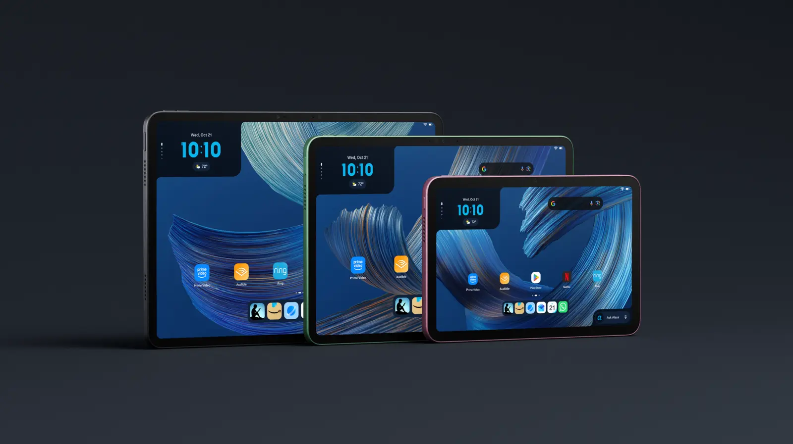 나란히 놓인 Amazon Alexa Tablet 12 Pro, Alexa Tablet 11, Alexa Tablet 8