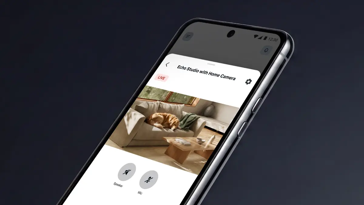 Phone showing the Alexa app Live View from an Echo Studio with Home Camera
