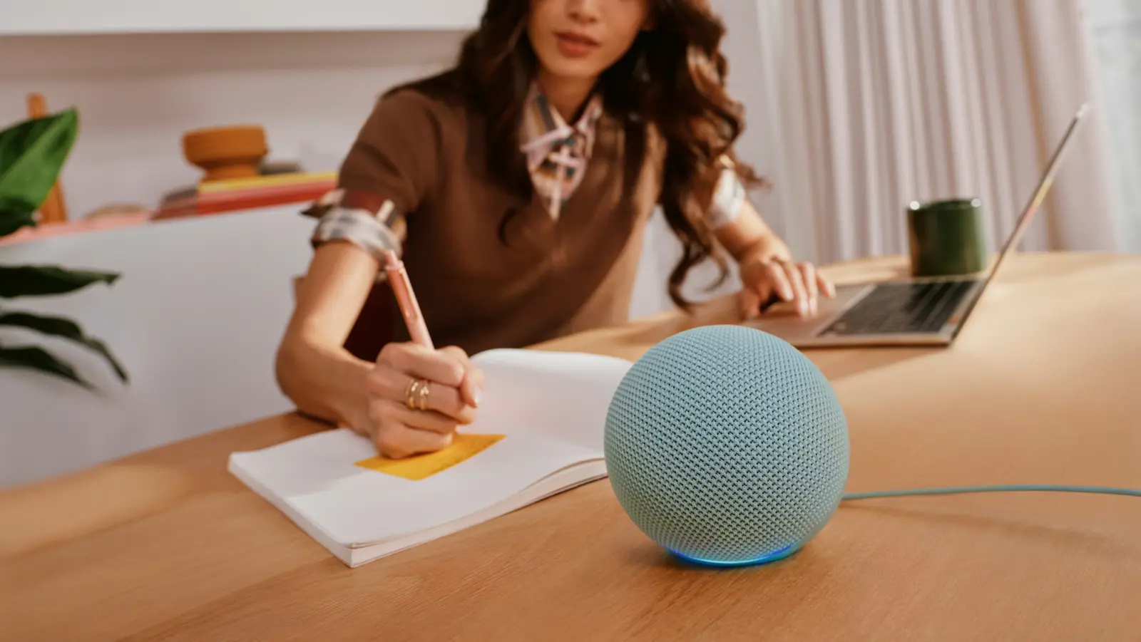 Echo Dot smart speaker on a wooden desk beside a notebook and laptop