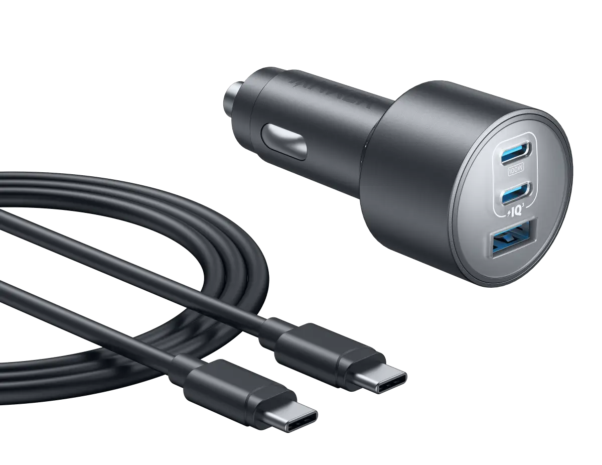 Anker Nano Car Charger with three ports and a USB-C cable