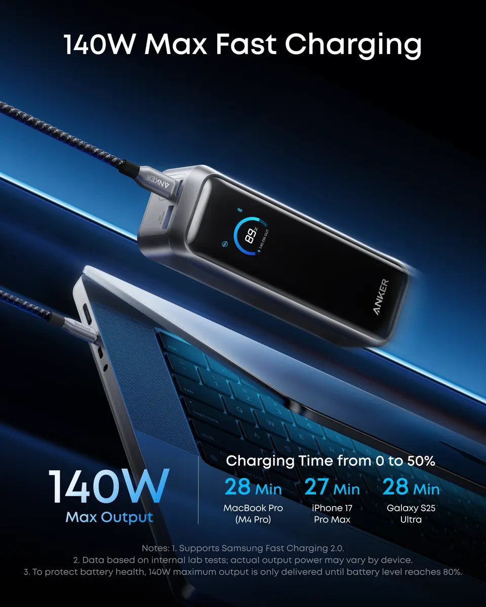 Anker Prime power bank connected to a laptop with a USB-C cable