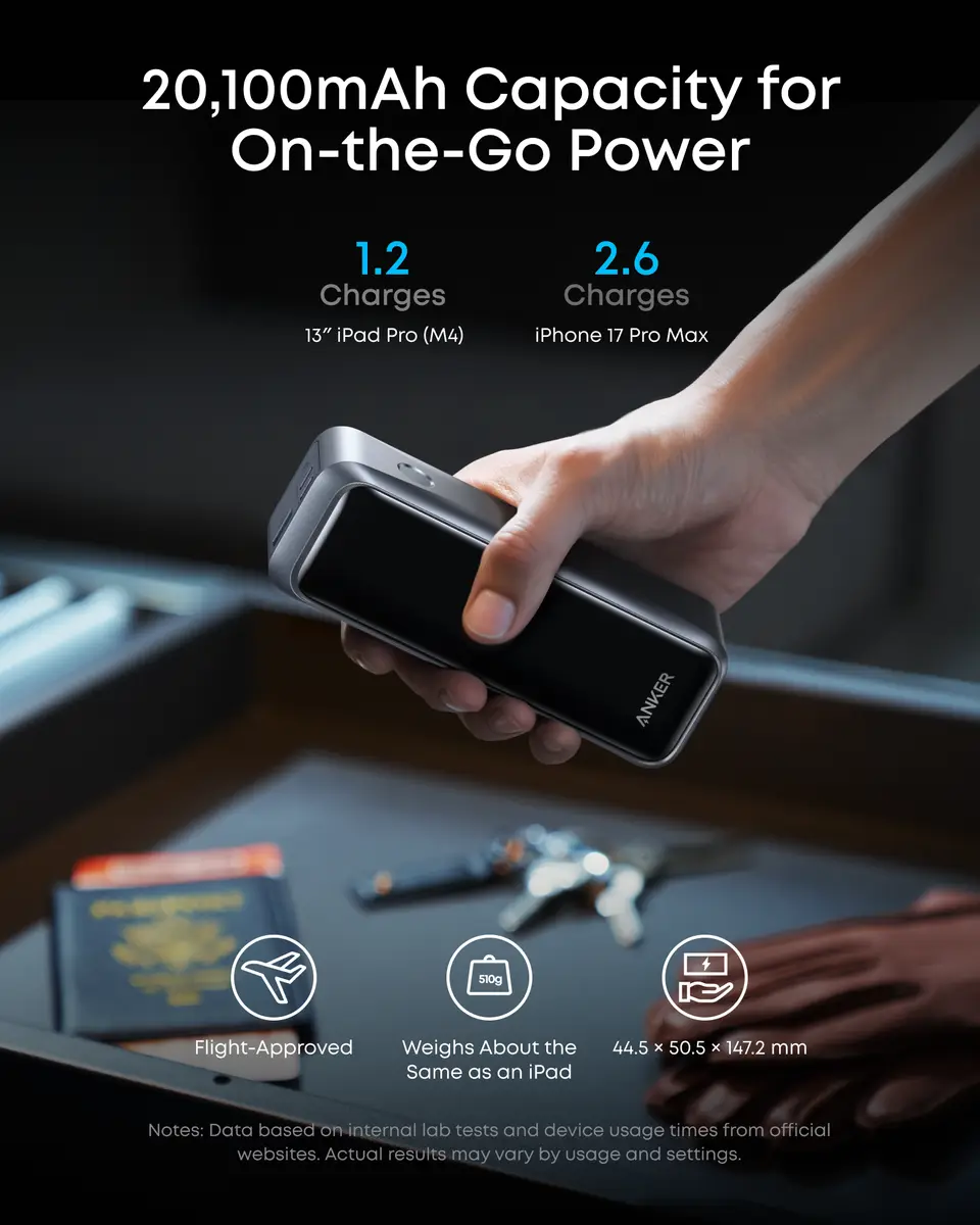 A hand holding the Anker Prime power bank above a travel tray