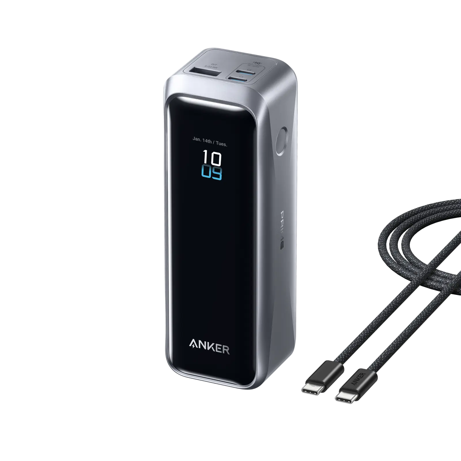 Anker Prime Power Bank with a display screen and a braided USB-C cable