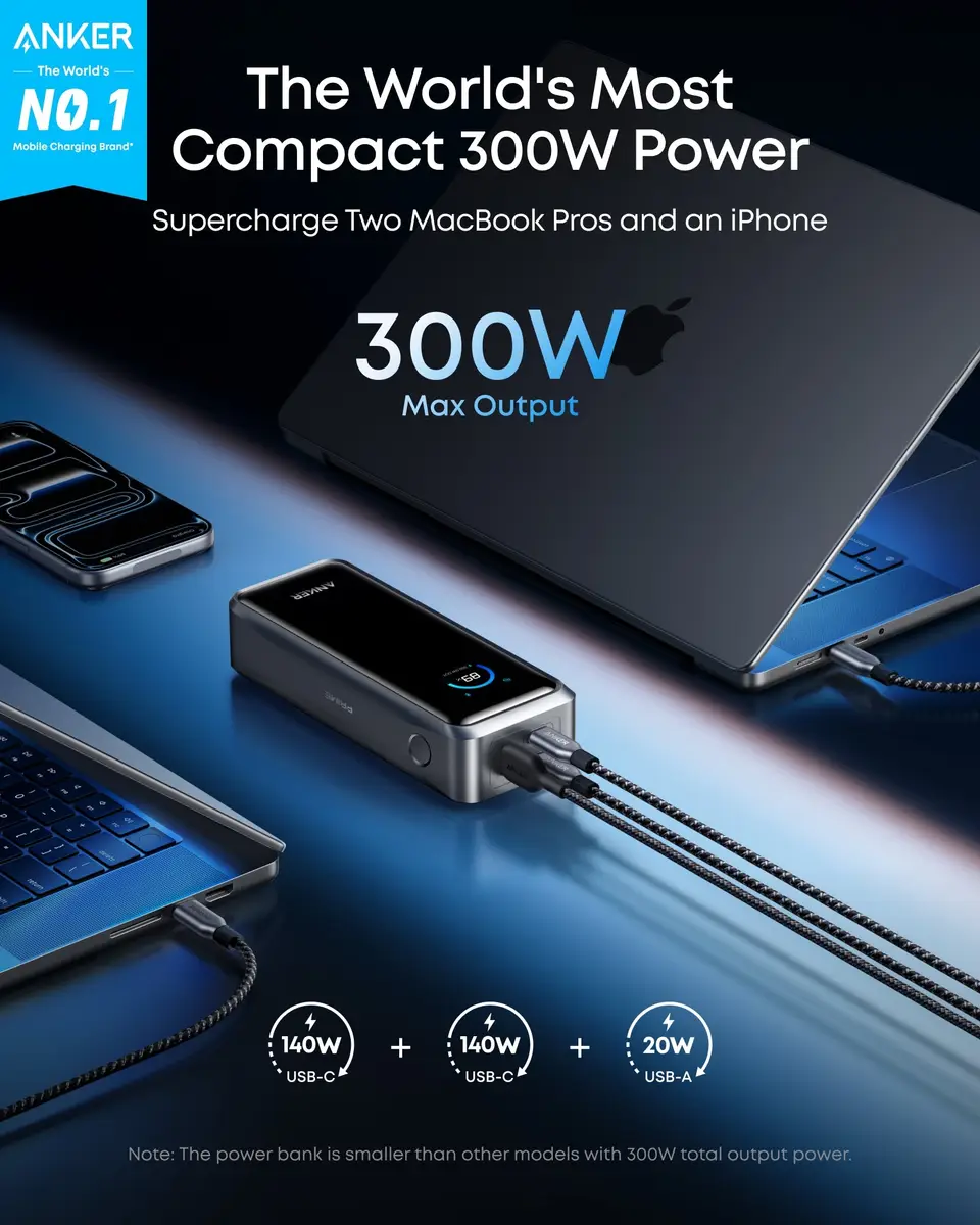 Anker Prime power bank shown charging two laptops and a phone