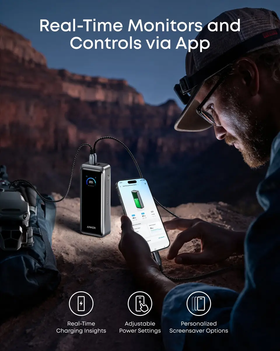 Hiker using the Anker app to see the power bank's charging status