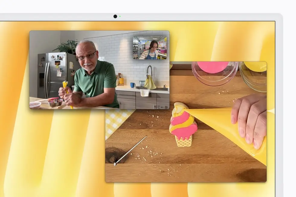 Center Stage camera and Desk View shown during a video call on iMac