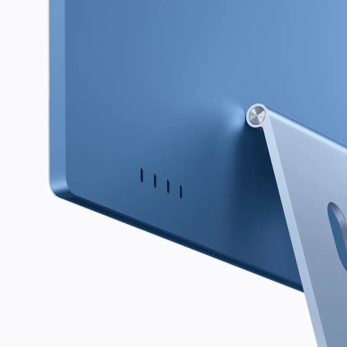 Close up of the back and stand of a blue iMac