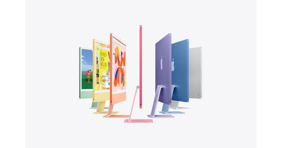 Seven colours of the 24-inch Apple iMac with M6 shown side by side