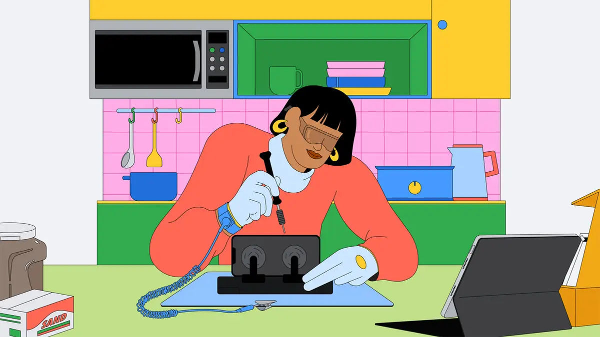 Illustration d'une personne qui répare un téléphone sur une table de cuisine
