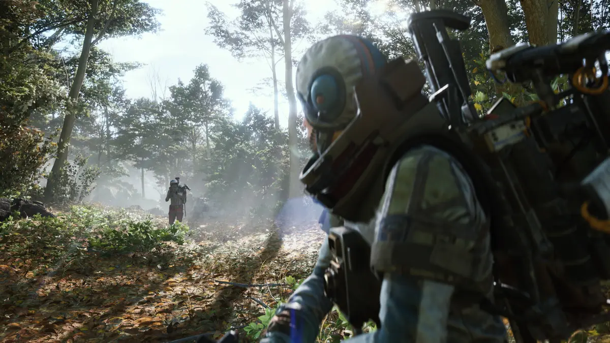 An Arc Raiders player crossing a sunlit forest