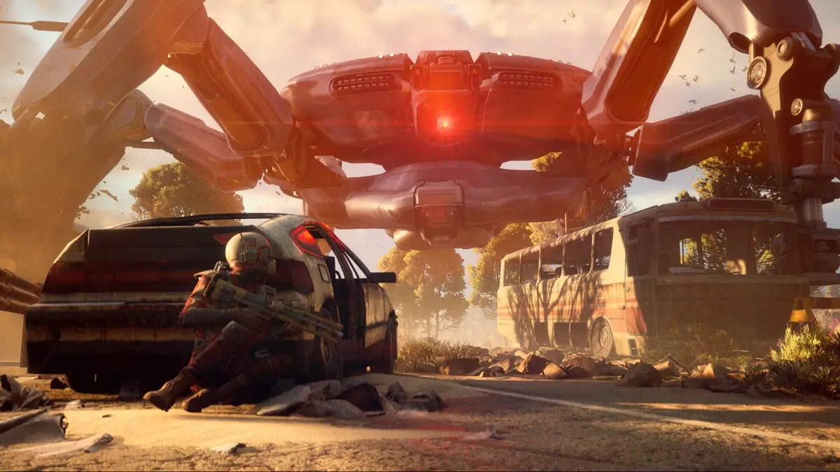 A giant Arc machine looms over a player hiding behind a wrecked car