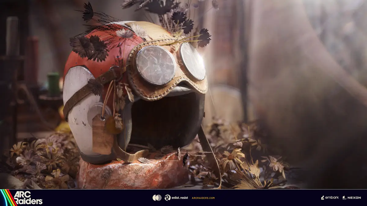 Weathered helmet with goggles and dried flowers, from the Souls Offering project