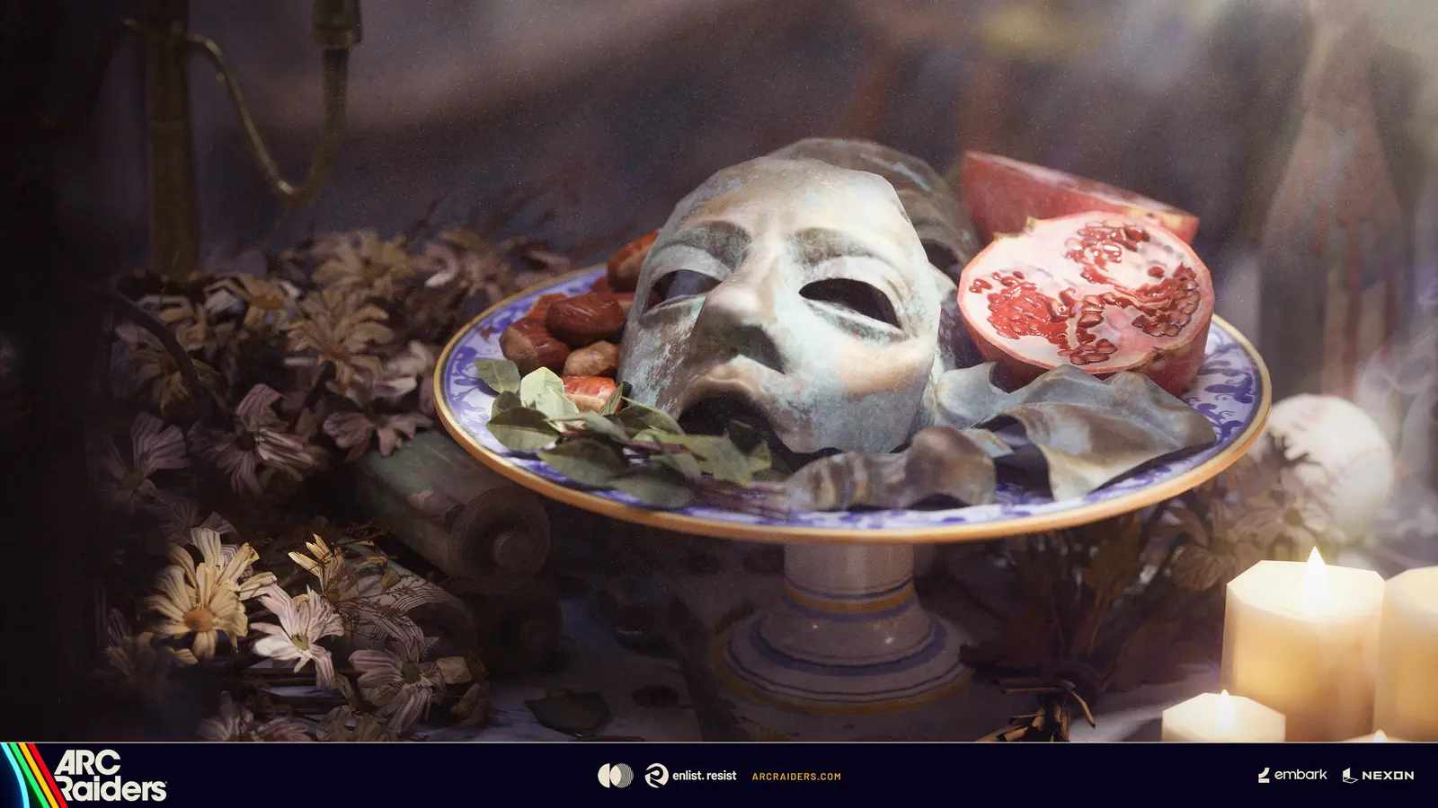 Weathered mask on a plate with a pomegranate and candles, from the Souls Offering player project in ARC Raiders