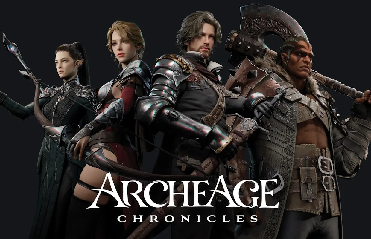 Four armoured character classes posing in front of the ArcheAge Chronicles logo