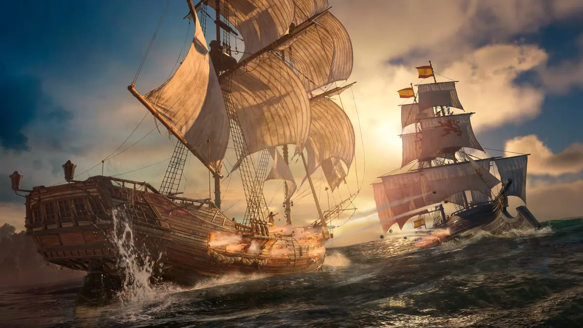Two sailing ships trading cannon fire at sea