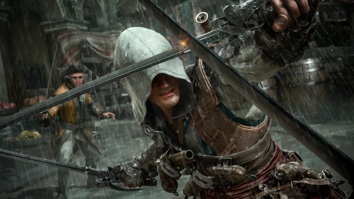 Edward Kenway fighting two sword wielding enemies in the rain