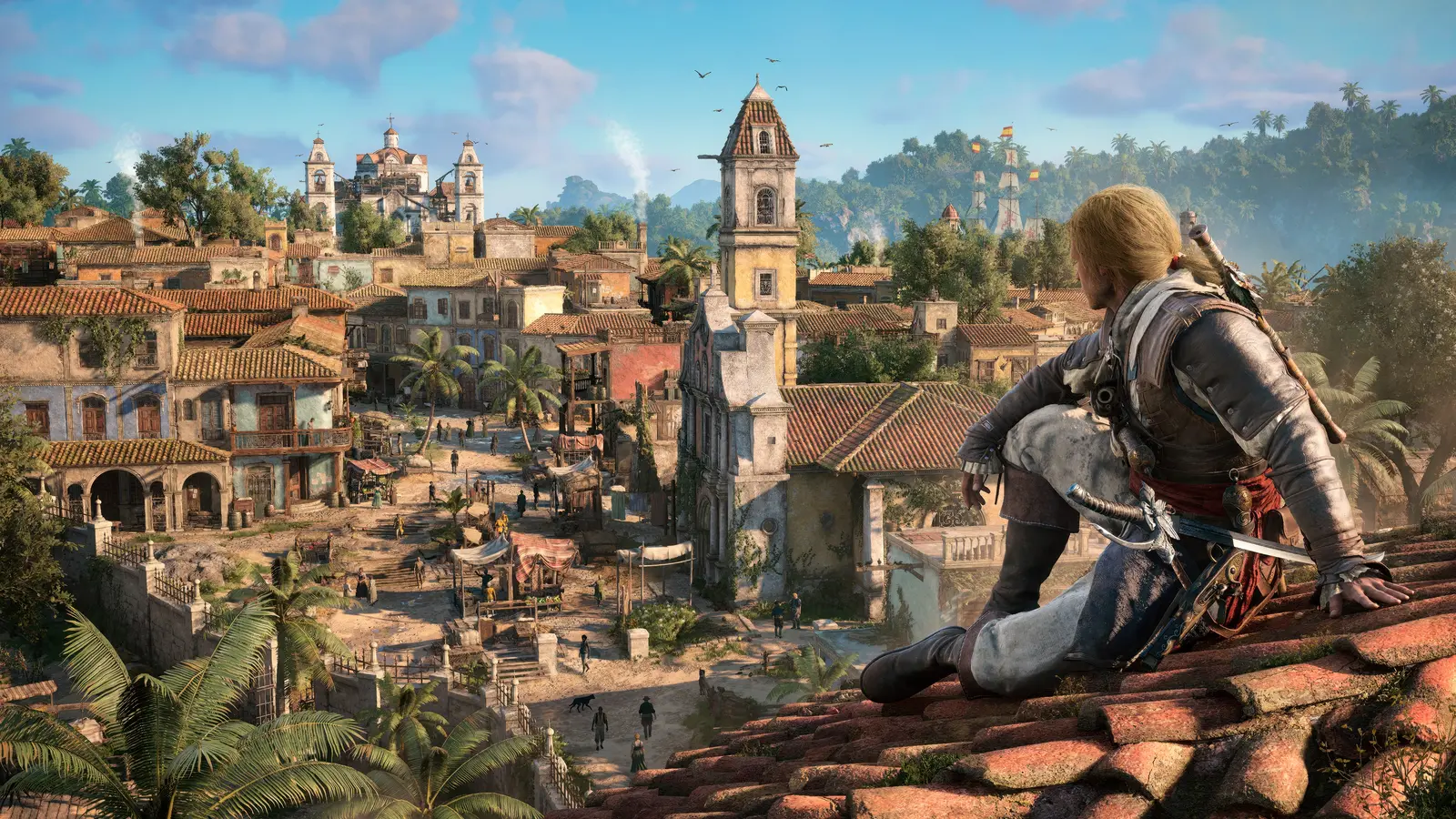 Edward Kenway crouched on a rooftop overlooking a Caribbean port town