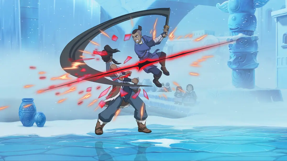 Sokka affronte un combattant aux yeux rouges sur une scène glacée