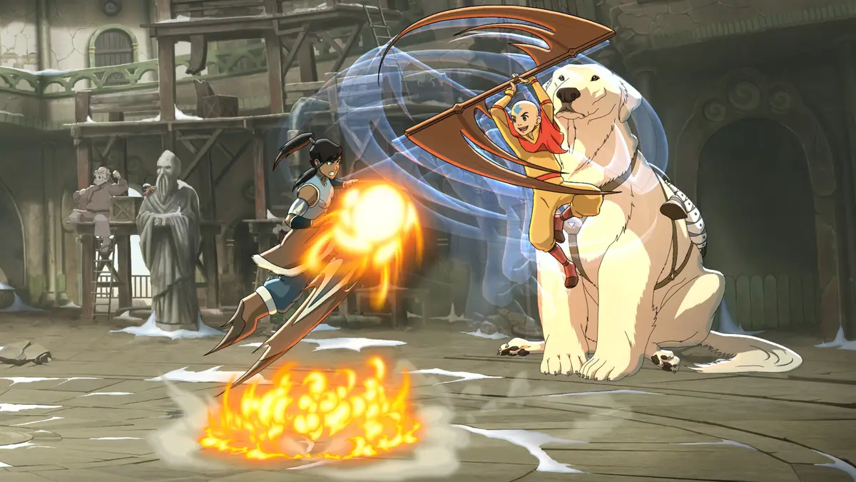 Korra et Aang avec le chien-ours polaire Naga dans une cour de pierre