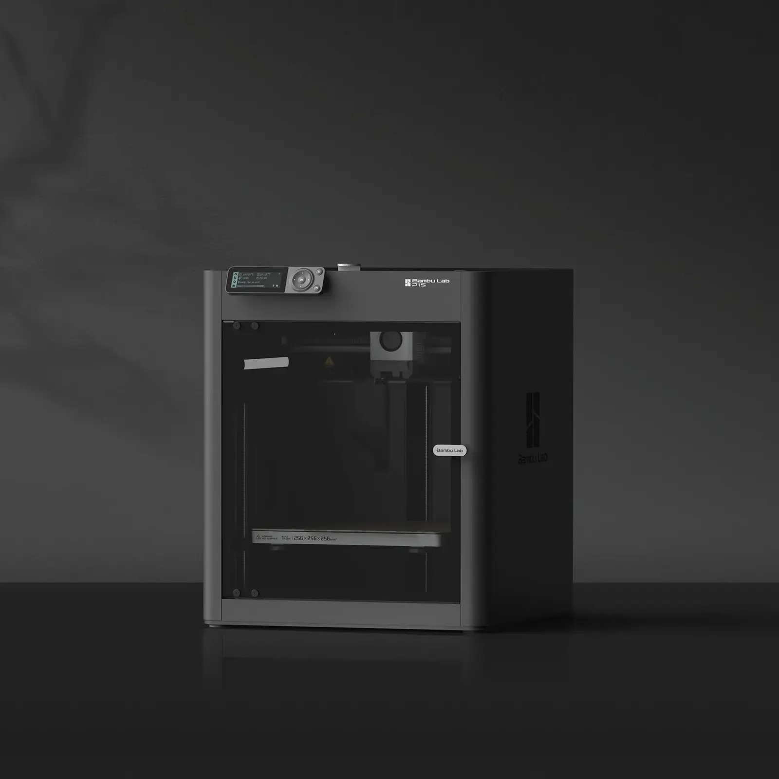 Bambu Lab P1S enclosed 3D printer with a glass front on a plain background