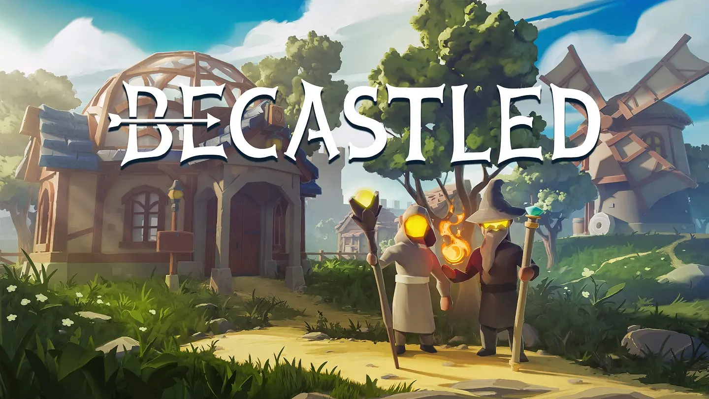 Key art for Becastled showing two robed wizards on a sunny village path