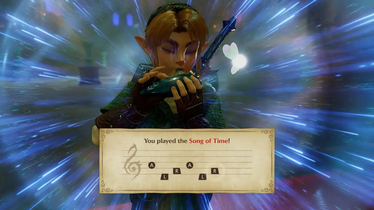 Official Nintendo image: Link plays the ocarina and the Song of Time appears on screen