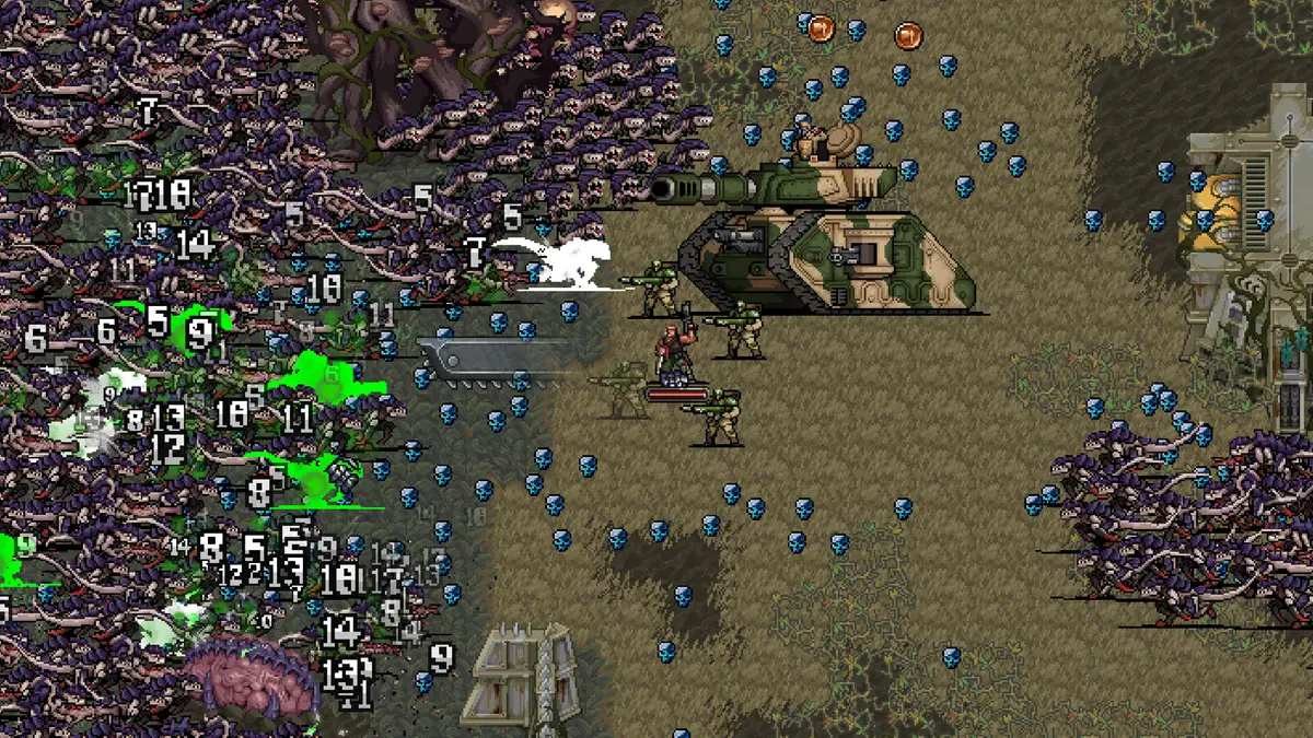 Steam screenshot from Warhammer Survivors showing soldiers and a tank facing a large swarm of creatures