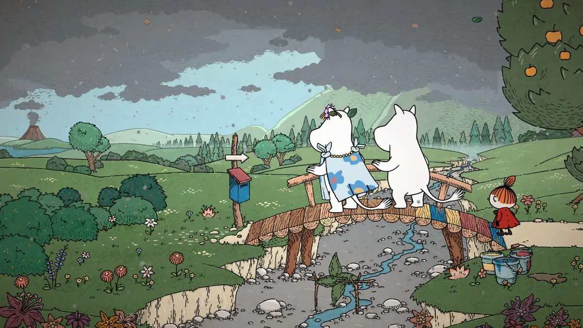 Steam screenshot from Moomin: Midsummer Madness showing Moomin characters on a wooden bridge in a hand drawn valley
