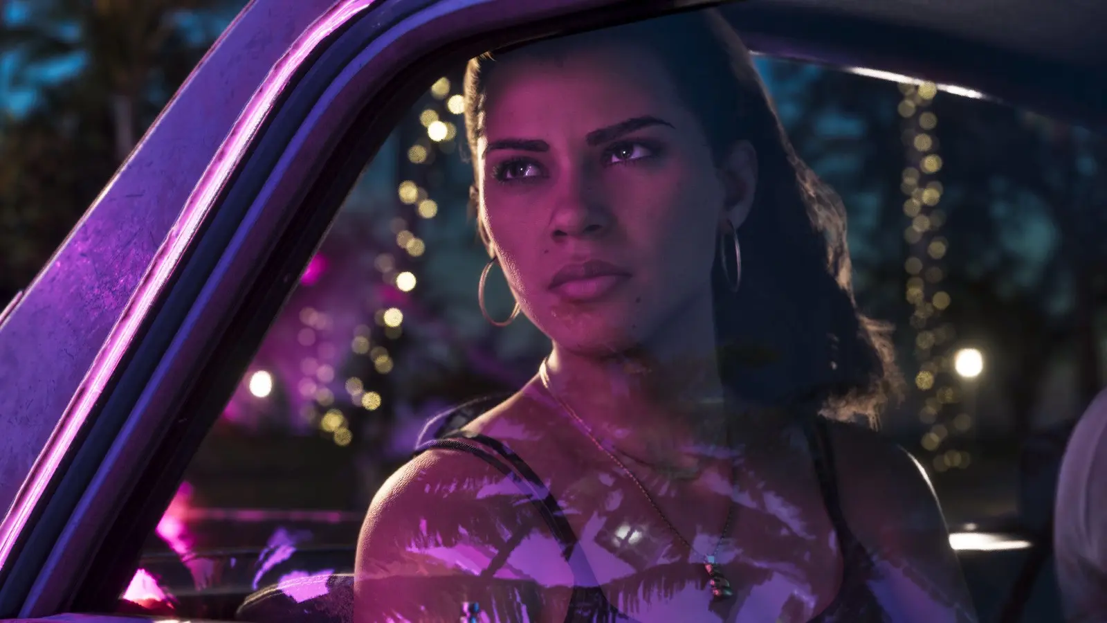 A woman looks out the window of a car in neon purple light in a scene from Grand Theft Auto VI