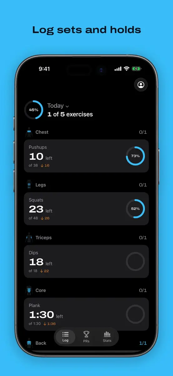 Body Log daily screen with reps logged for push ups, squats and dips