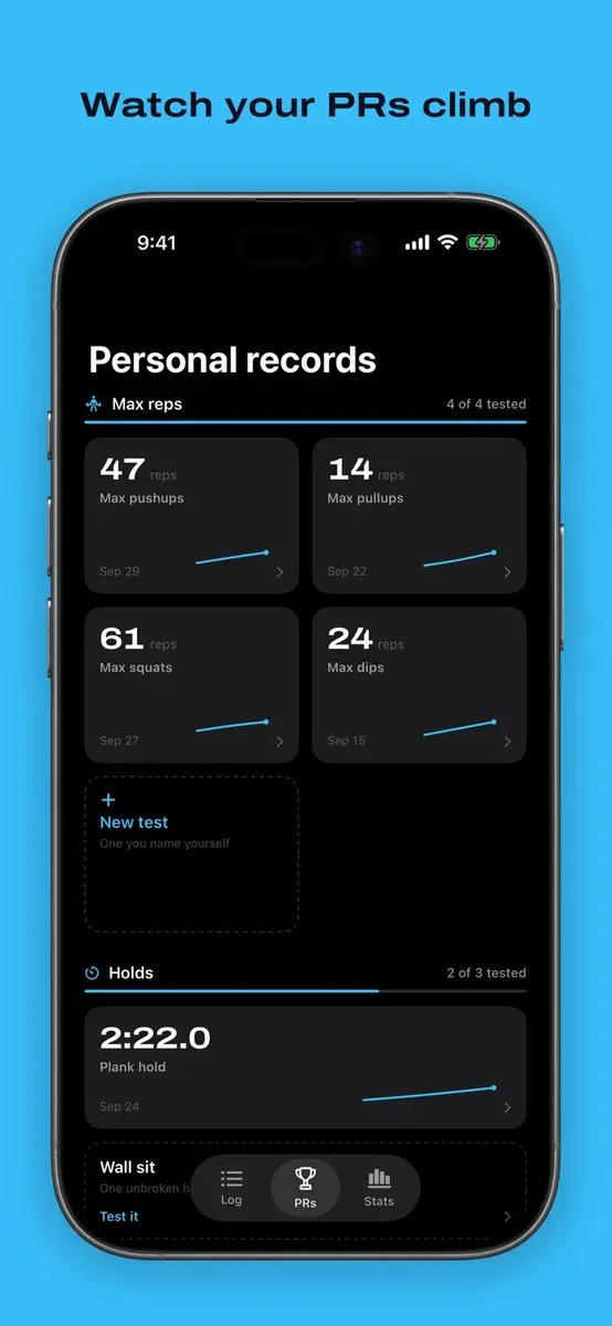 Personal records board in Body Log with max reps and plank hold time
