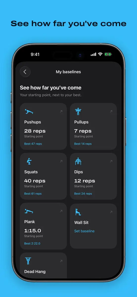 Body Log baselines screen comparing starting reps with personal bests