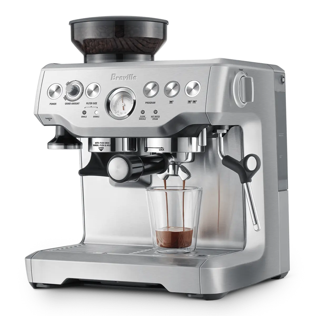 Barista Express from the front with espresso pouring into a glass