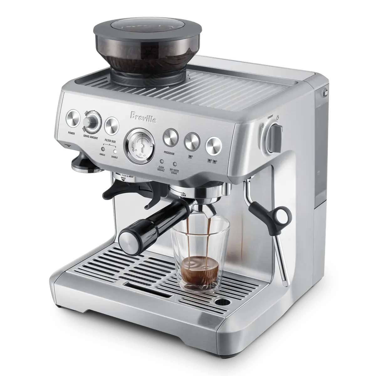 Barista Express seen from above at an angle with the drip tray and steam wand