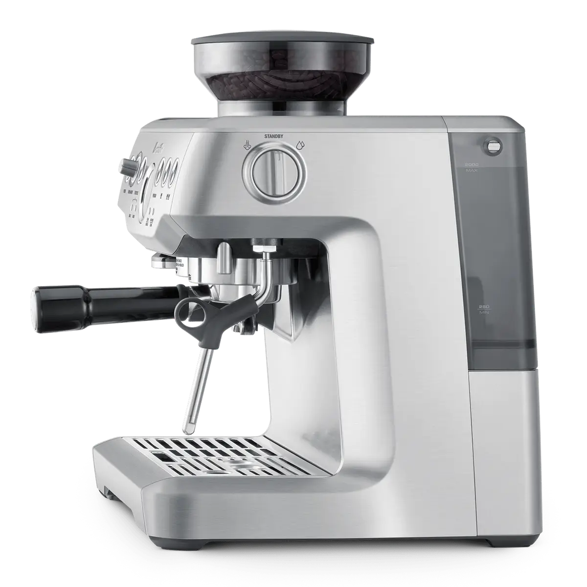 Side view of the Barista Express with the bean hopper and water tank