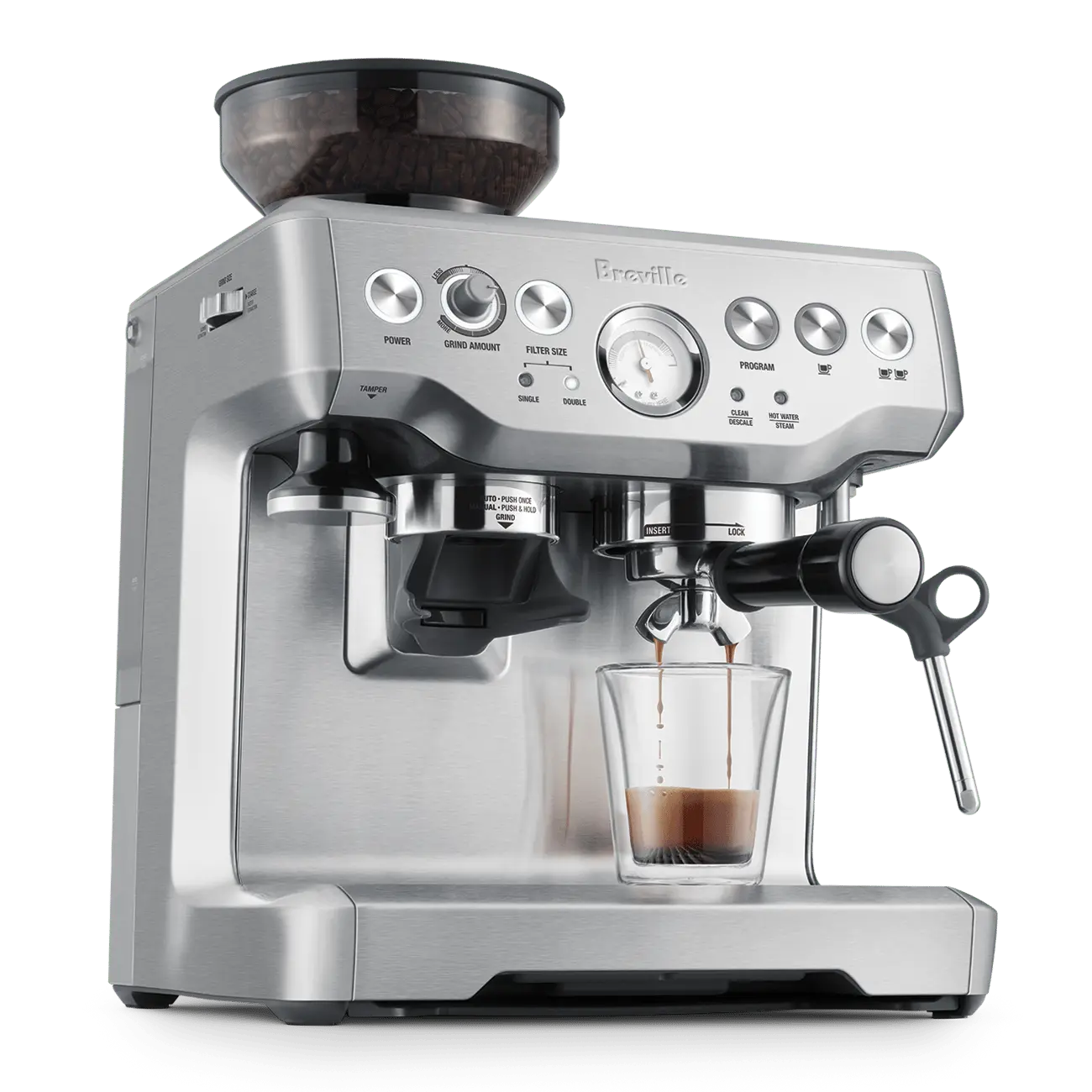 Breville Barista Express espresso machine with a shot of espresso pouring into a glass