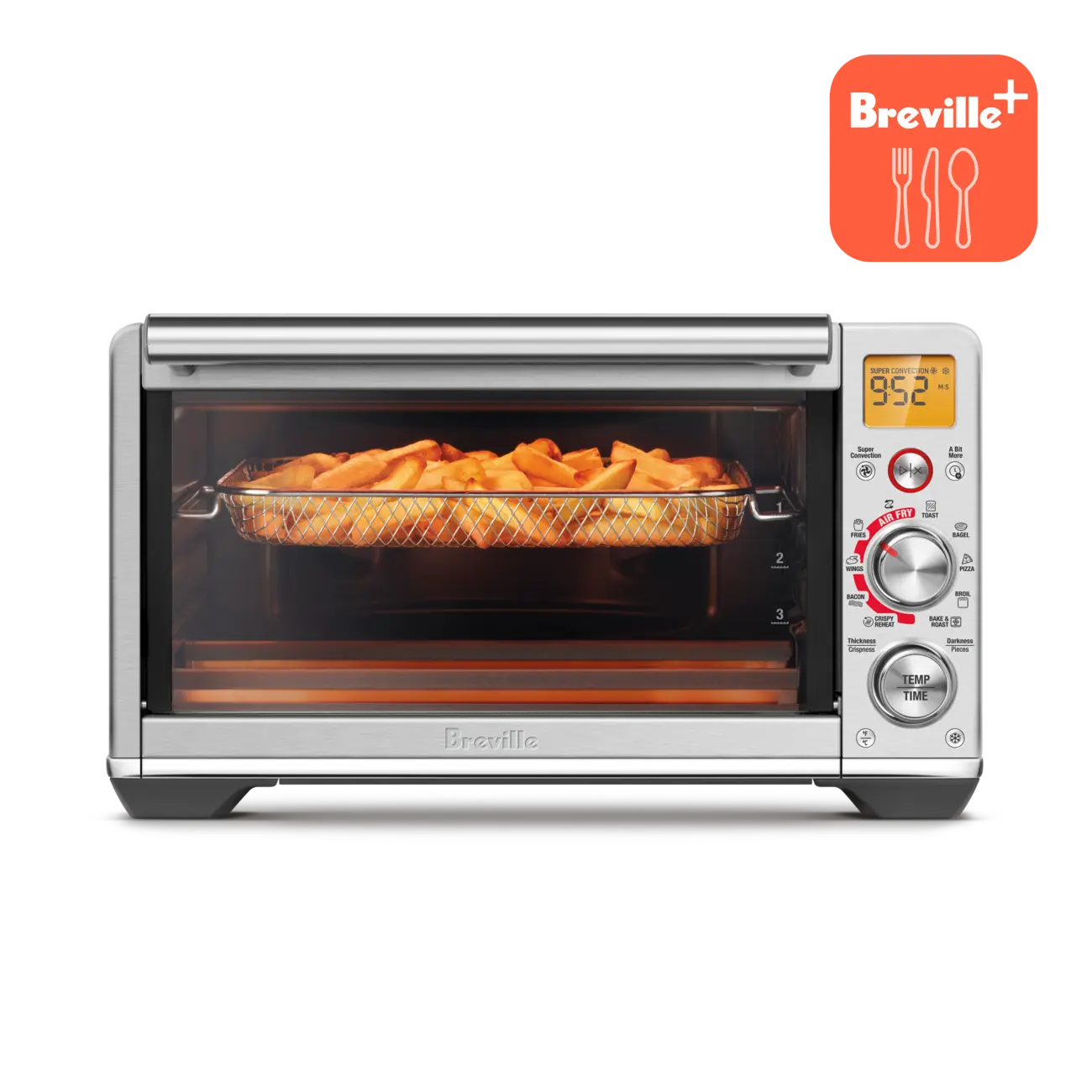 拉丝不锈钢 Breville Smart Oven Air Fryer Compact，气炸篮内有薯条