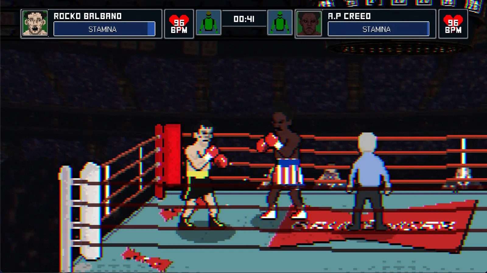 Two pixel art boxers trade punches in a ring as the referee watches in Bruisers 2D Boxing