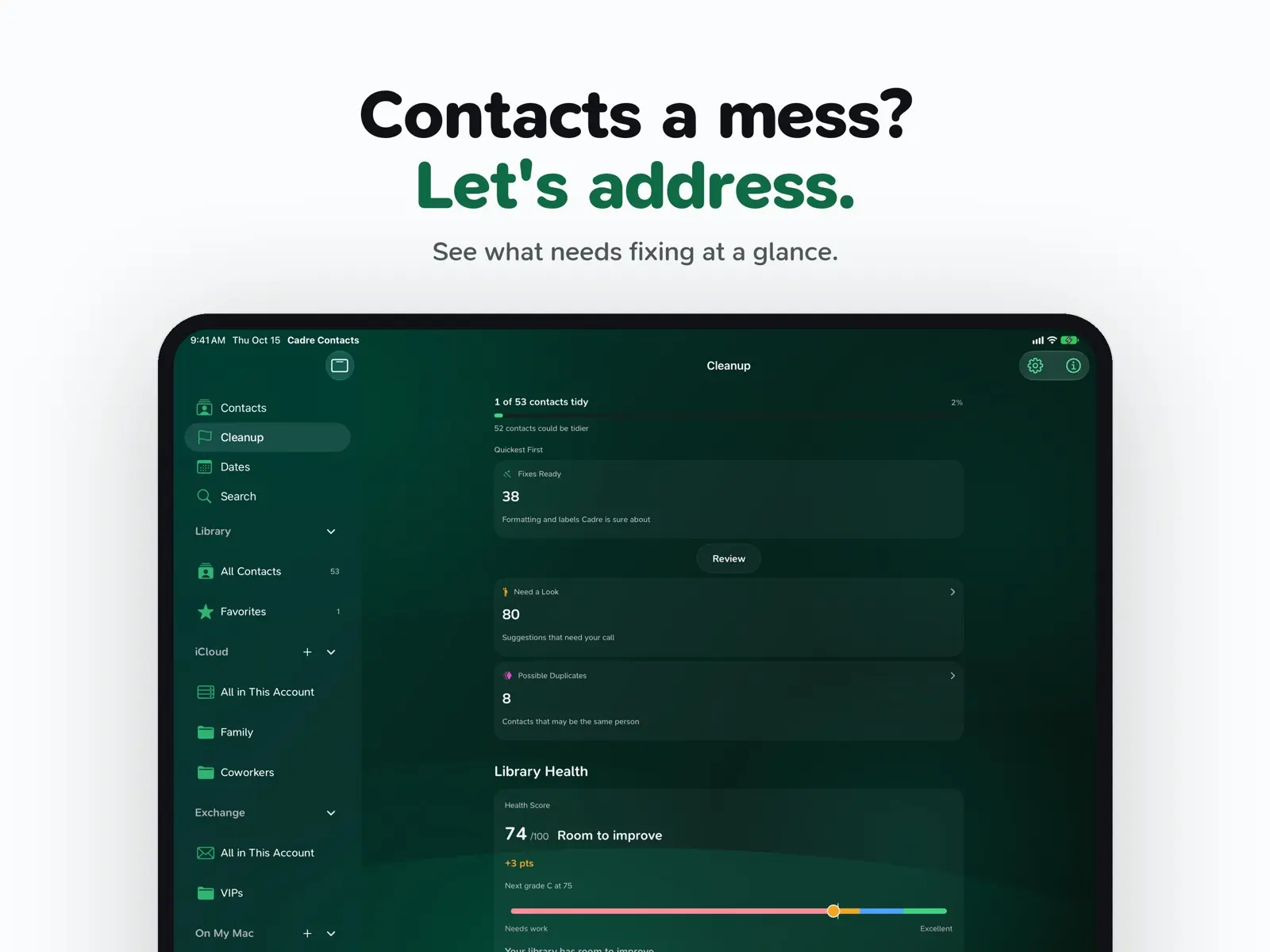 Pantalla de limpieza de Cadre Contacts en iPad con correcciones listas y calificación de la agenda