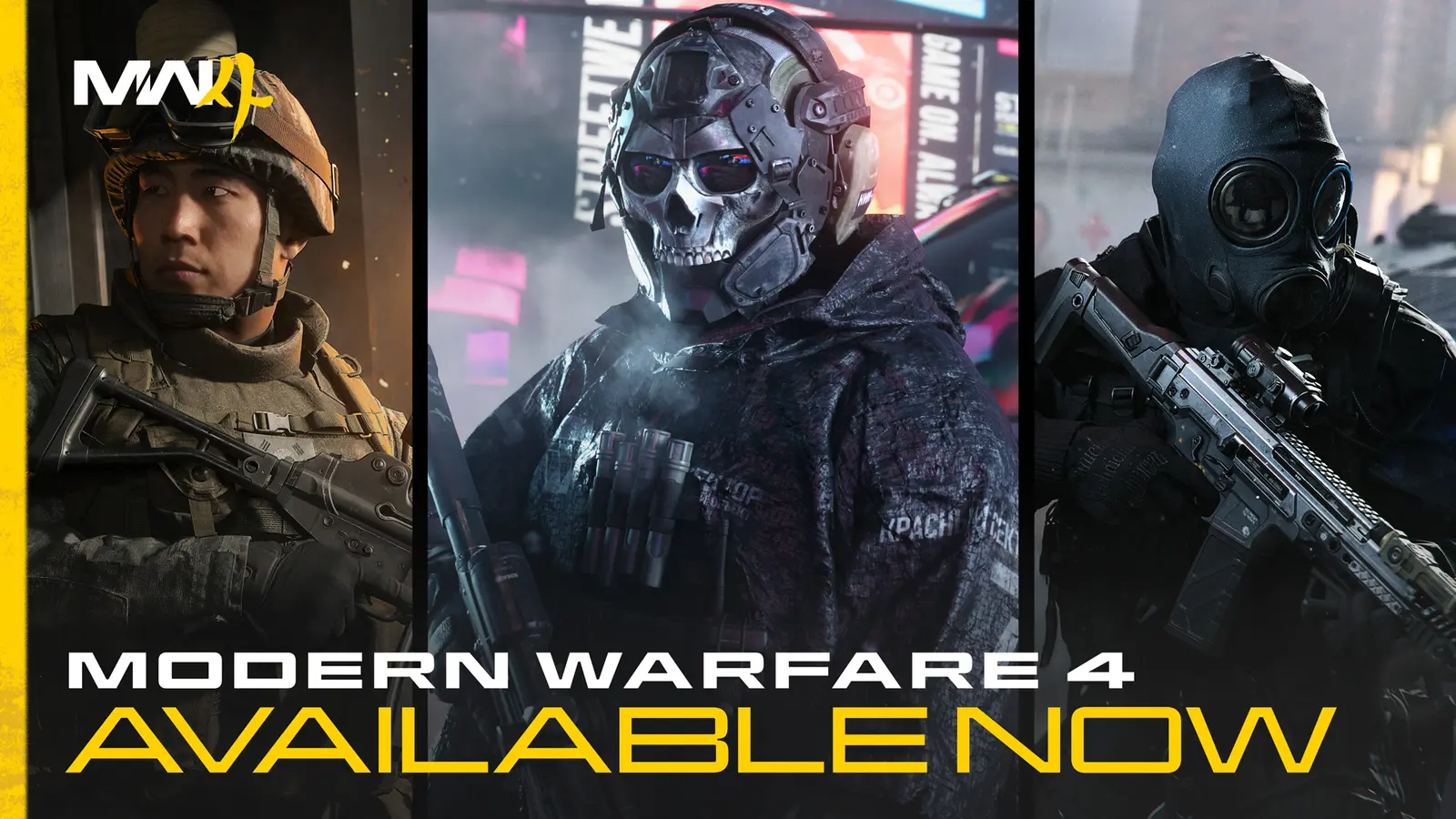 Official Modern Warfare 4 launch art showing three armed operators