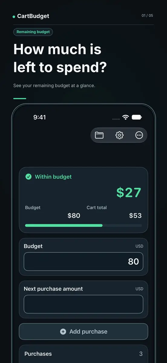 Within budget screen showing the amount left from a set budget