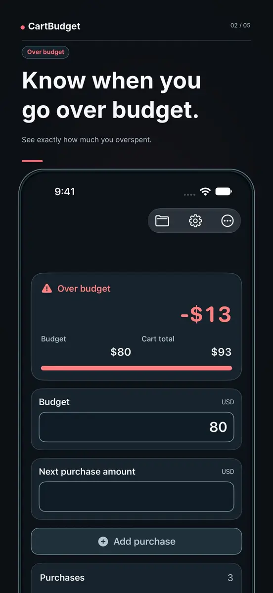 Over budget screen showing a negative amount once the cart passes the budget
